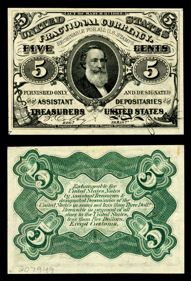 Spencer M. Clark, Supervisor of the Currency Bureau, placed his own likeness on the five-cent U.S. Fractional currency note, leading directly to legislation prohibiting the depiction of any living person on U.S. currency.