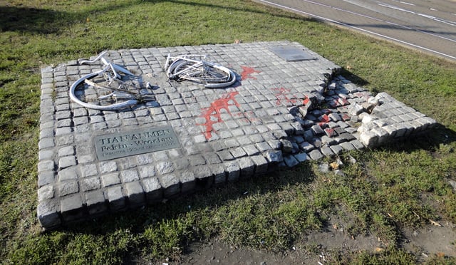 A replica of the memorial in the Polish city of Wrocław depicting a destroyed bicycle and a tank track as a symbol of the Tiananmen Square protests. The original was destroyed by Security Service despite the fact that it was after the 1989 elections.