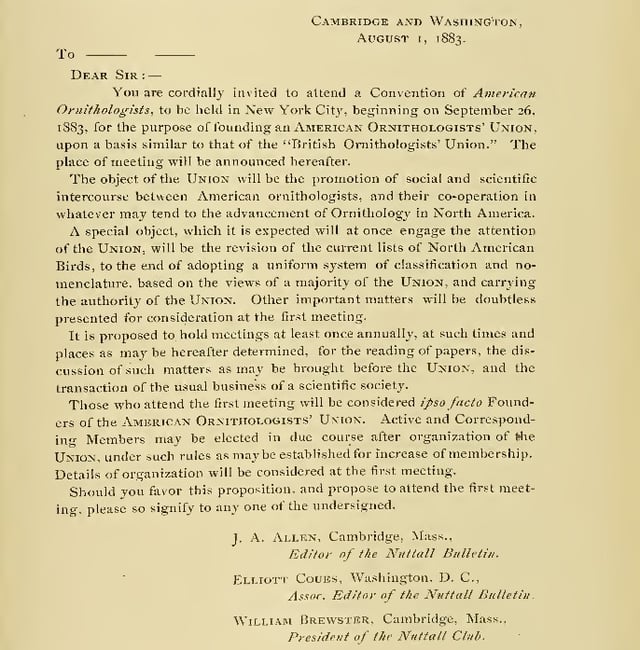 Original letter to AOU founders, dated August 1, 1883