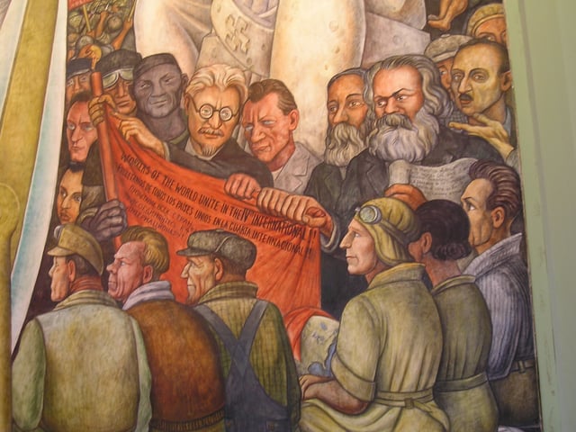 A Diego Rivera mural depicts Trotsky with Marx and Engels as a true champion of the workers' struggle