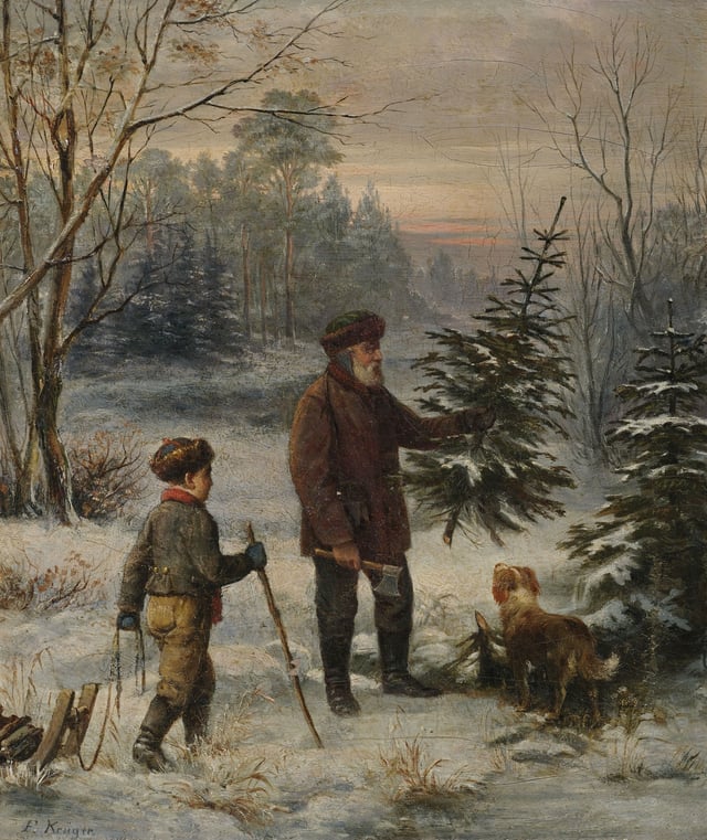 Father and son with their dog collecting a tree in the forest, painting by Franz Krüger (1797–1857)