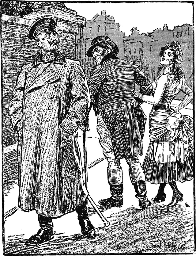A cartoon on the Entente Cordiale from Punch, with John Bull stalking off with the harlot Marianne (in what is supposed to be a Tricolour dress) and turning his back on the Kaiser, who pretends not to care. The tip of the scabbard of a cavalry sabre protrudes from beneath the Kaiser's army overcoat, implying a potential resort to force.