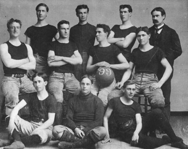 The 1899 University of Kansas basketball team, with Dr. James Naismith at the back, right.