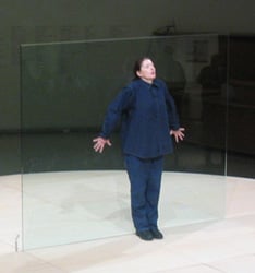 Abramović performing Bruce Nauman's Body Pressure, Guggenheim Museum, 2005