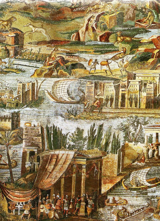 A detail of the Nile mosaic of Palestrina, showing Ptolemaic Egypt c. 100 BC