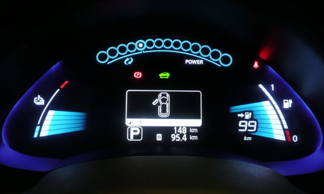 Leaf's main dashboard digital display showing driving range (on right) and other performance parameters