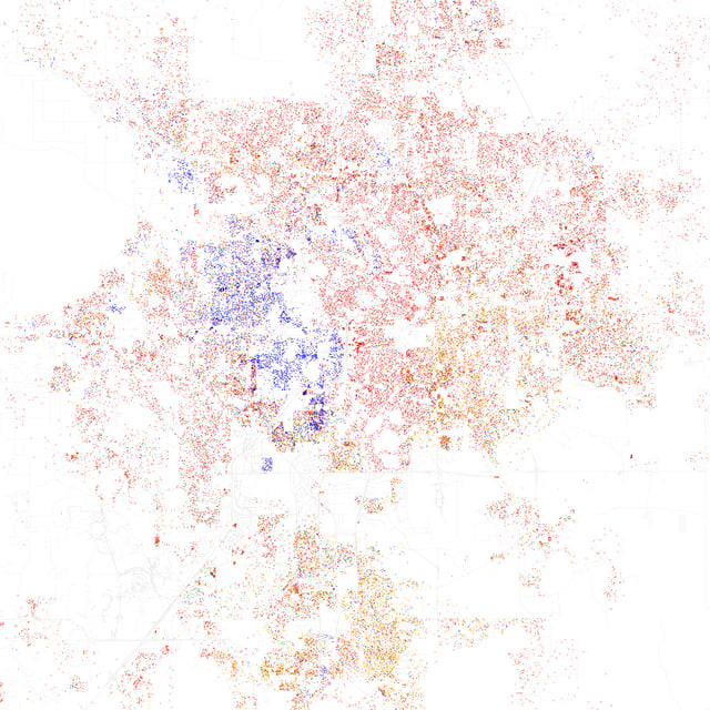 Map of racial distribution in Orlando, 2010 U.S. Census. Each dot is 25 people: White, Black, Asian, Hispanic or Other (yellow)