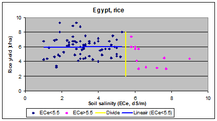The irrigated rice (paddy) crop in Egypt has a salt tolerance of ECe=5.5 dS/m beyond which the yield declines.