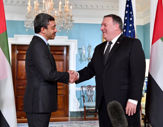 Minister of Foreign Affairs Abdullah bin Zayed Al Nahyan with U.S. Secretary of State Mike Pompeo, 2018.