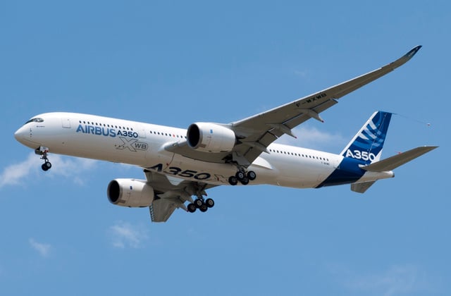 A prototype Airbus A350-900 XWB (registered as F-WXWB) during its first flight.
