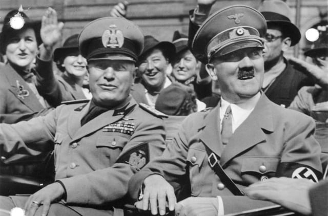 Germany's Führer Adolf Hitler (right) beside Italy's Duce Benito Mussolini (left)