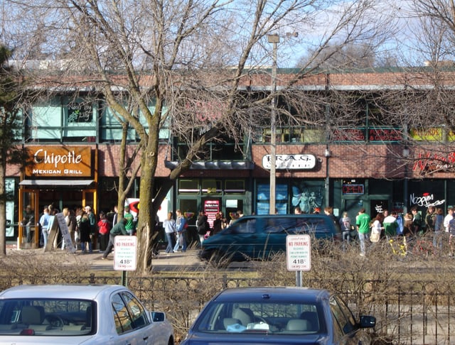 People line up outside a Chipotle in East Lansing, Michigan during a "Free Burrito Day"