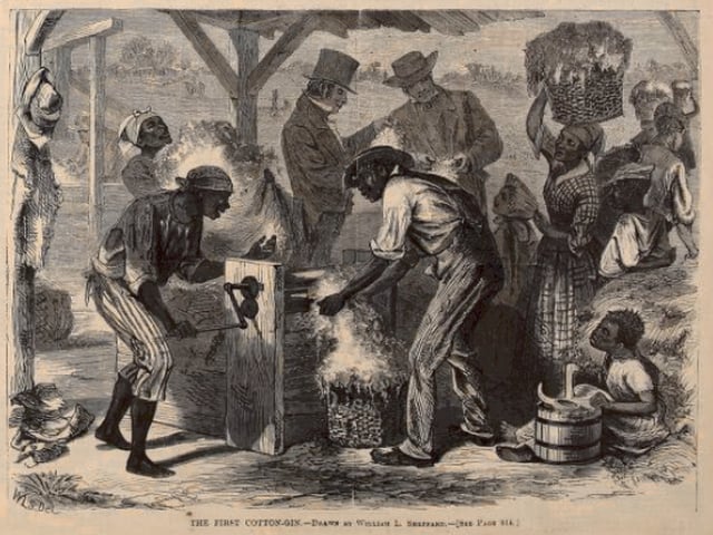 "First cotton gin" from Harpers Weekly. 1869 illustration depicting event of some 70 years earlier.