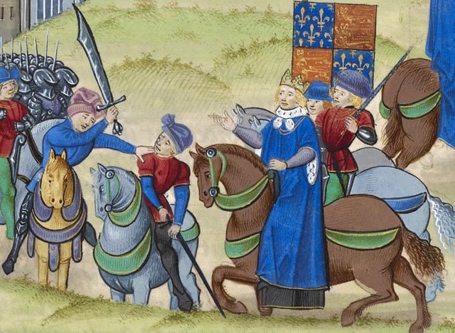 A pivotal event during the Peasants' Revolt, 1381: their leader Wat Tyler is stabbed by William Walworth, Lord Mayor