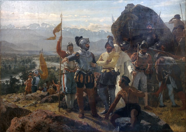 1541 founding of Santiago. Painting by Pedro Lira, the portrait of Pedro de Valdivia and Juan Martín de Candia; proclaiming the City of Santiago de Chile, c. 1541