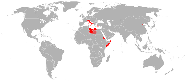 Italy and its colonial possessions at the time of the outbreak of World War I: the area between British Egypt and the firmly held Italian territories is the region of southern Cyrenaica which was under dispute of ownership between Italy and the United Kingdom