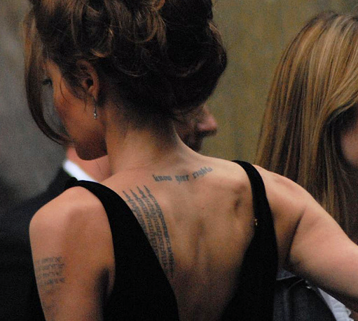 Jolie at the New York premiere of A Mighty Heart in June 2007; several of her tattoos are visible