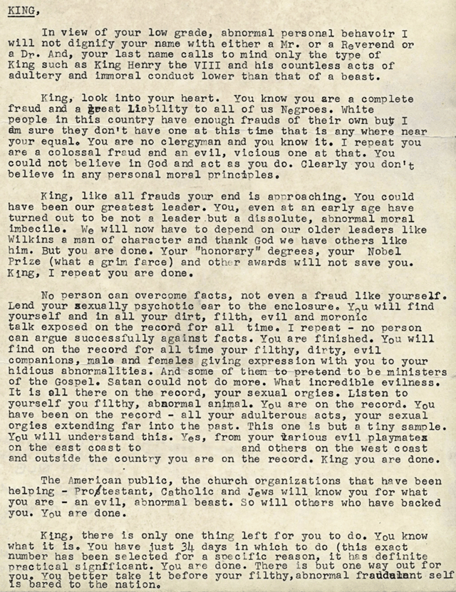 The "suicide letter", mailed anonymously to King by the FBI
