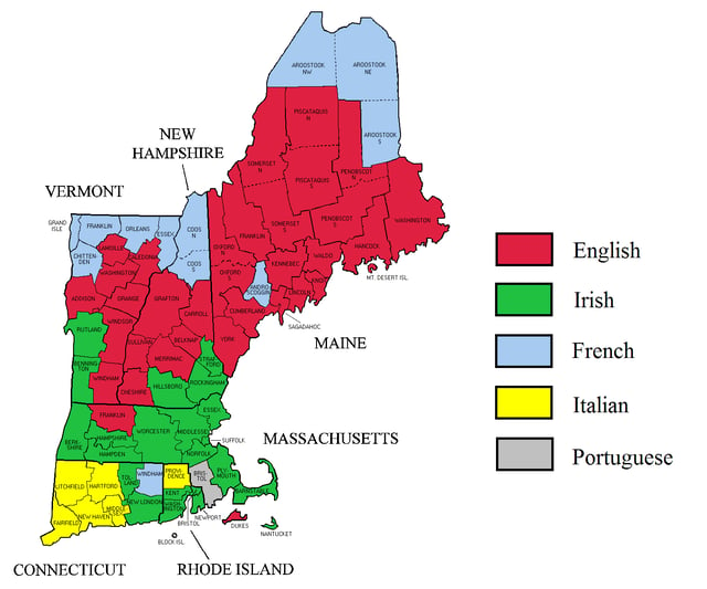 Largest self-reported ancestry groups in New England. Americans of Irish descent form a plurality in most of Massachusetts, while Americans of English descent form a plurality in much of the central parts of Vermont and New Hampshire as well as nearly all of Maine.