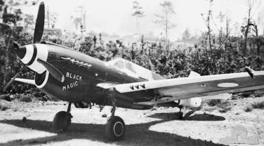 P-40N-15 "Black Magic", No. 78 Squadron RAAF F/L Denis Baker scored the RAAF's last aerial victory over New Guinea in this fighter on 10 June 1944. It was later flown by W/O Len Waters. Note the dark blue tip on the tailfin used to identify 78 Squadron.