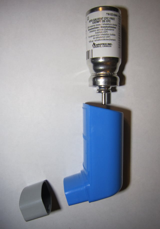 Salbutamol metered dose inhaler commonly used to treat asthma attacks.
