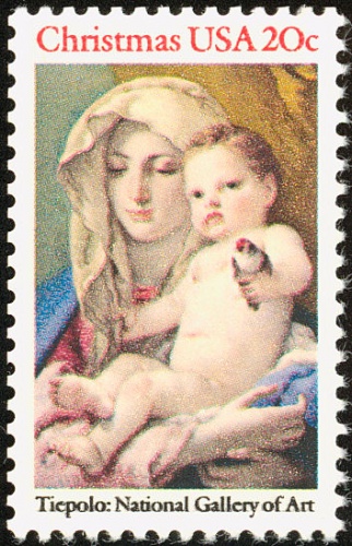 Christmas stamp released in the United States in 1982, featuring a painting by Giovanni Battista Tiepolo