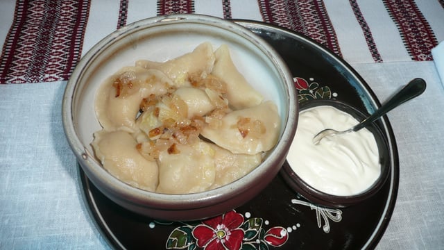 Varenyky topped with fried onion