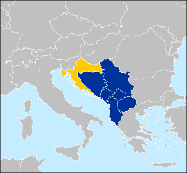 Western Balkan countries – Albania, Bosnia and Herzegovina, Croatia, Montenegro, North Macedonia and Serbia. The partially recognized Kosovo is also demarcated. Croatia (yellow) joined the EU in 2013.