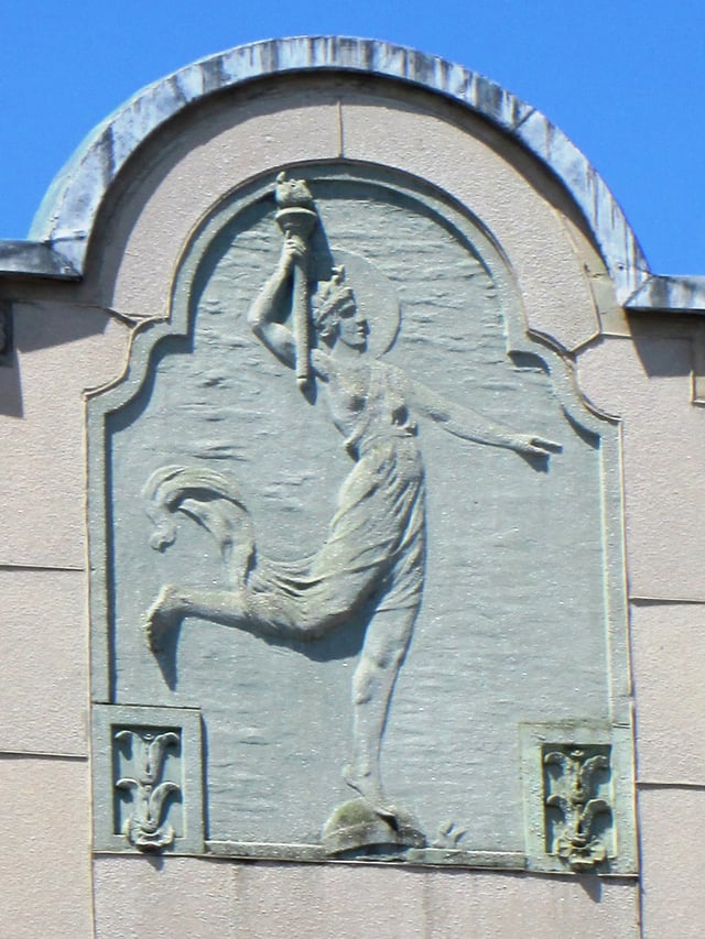 Progress Lighting the Way for Commerce, designed for Montgomery Ward by sculptor J. Massey Rhind, appeared as a medallion on many Montgomery Ward stores