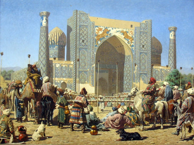 Triumphant crowd at Registan, Sher-Dor Madrasah. Painting by Vasily Vereshchagin (1872).