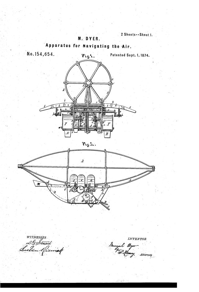 Dyer Airship 1874 Patent Drawing Page 1