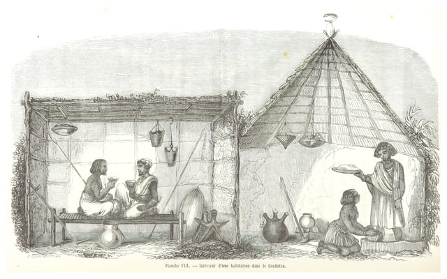 19th century drinking scene in Kordofan, home to the Humr tribe, imbibers of a drink prepared from giraffe liver. Plate from Le Désert et le Soudan by Stanislas d'Escayrac de Lauture