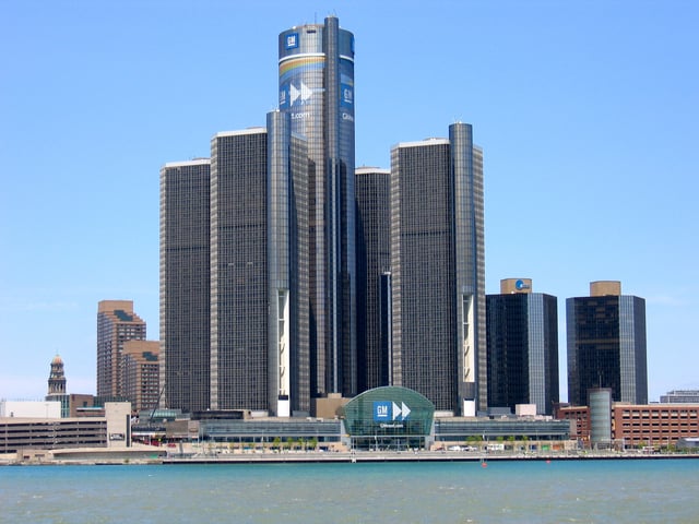 The Renaissance Center, home of the world headquarters of General Motors and the second tallest hotel in the Western Hemisphere, sits along the International Riverfront