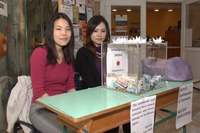 Japanese students collecting funds for the victims of the 2011 Tōhoku earthquake and tsunami at the University of Pécs, Hungary