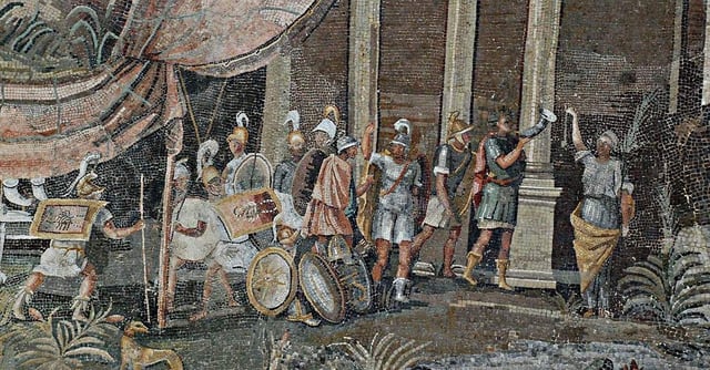 Hellenistic soldiers in tunic, 100 BC, detail of the Nile mosaic of Palestrina.