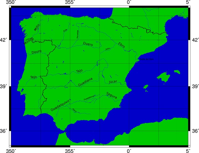 Major rivers of the Iberian Peninsula: Miño / Minho, Duero / Douro, Tajo / Tejo, Guadiana, Guadalquivir, Segura, Júcar / Xúquer and Ebro / Ebre.