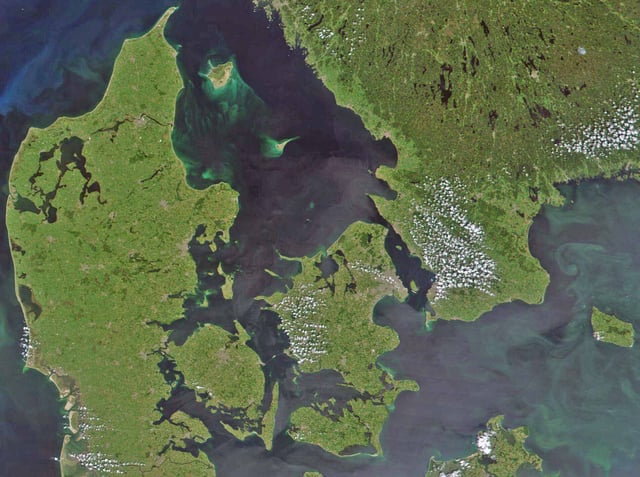 A satellite image of Jutland and the Danish islands