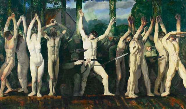 The Barricade (1918), oil on canvas, by George Bellows. A painting inspired by an incident in August 1914 in which German soldiers used Belgian townspeople as human shields.