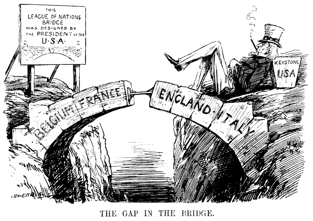 The Gap in the Bridge; the sign reads "This League of Nations Bridge was designed by the President of the U.S.A." Cartoon from Punch