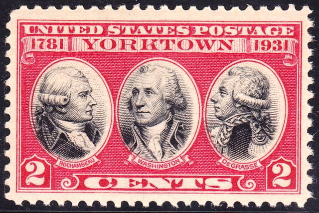 US Postage Stamp, 1931 issue, honoring Rochambeau, George Washington and de Grasse, commemorating the 150th anniversary of the victory at Siege of Yorktown, 1781.