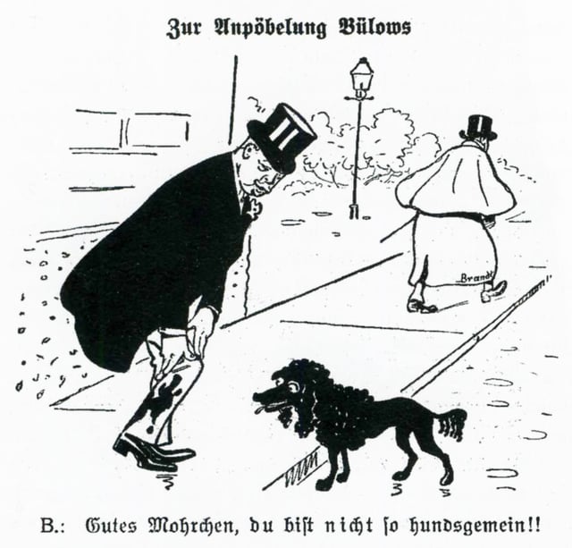 Cartoon satirising Bülow on 27 October 1907 in Kladderadatsch, "On the maligning of Bülow", "Good Mohrchen, you would never be such a bad dog!"