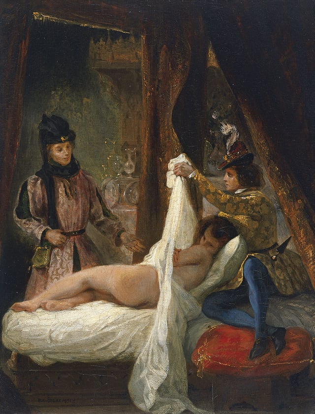 Louis d'Orléans unveils a mistress c1825–26 (Thyssen-Bornemisza Collection, Madrid) by Eugène Delacroix, illustrating Louis' reputation as a debauchee.