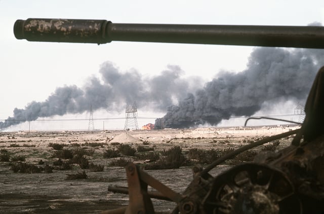 Kuwaiti oil wells on fire, during the Gulf War, 1 March 1991