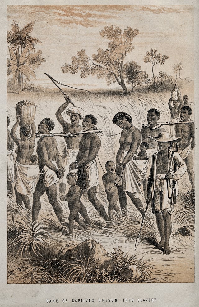 Group of men, children, and women being taken to a slave market