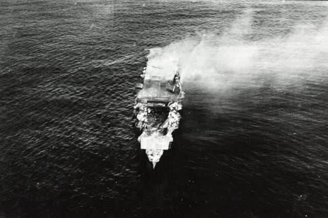 Hiryū abandoned, but still afloat, after a scuttling attempt after the Battle of Midway.