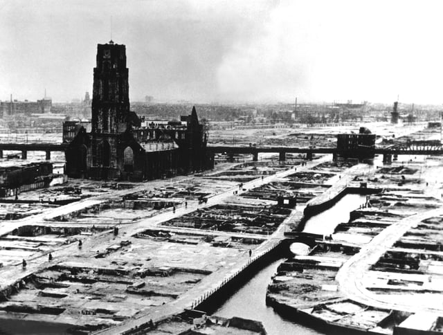 Rotterdam centre after the 1940 bombing of Rotterdam. The ruined St. Lawrence' Church has been restored