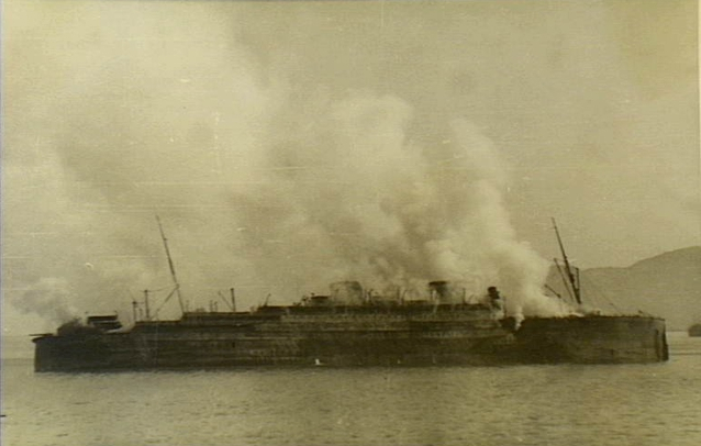 Georgic on fire and grounded at Port Tewfik, Egypt