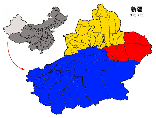 Northern Xinjiang (Junggar Basin) (Yellow), Eastern Xinjiang- Turpan Depression (Turpan Prefecture and Hami Prefecture) (Red), and Southern Xinjiang/the Tarim Basin (Blue)