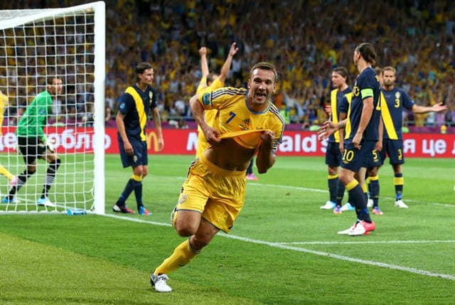 Ukrainian footballer Andriy Shevchenko celebrates a goal against Sweden at Euro 2012