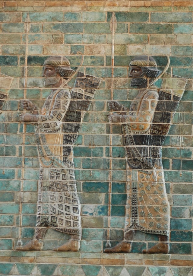 Persian soldiers, possibly Immortals, a frieze in Darius's palace at Susa. Silicious glazed bricks, c. 510 BC, Louvre.